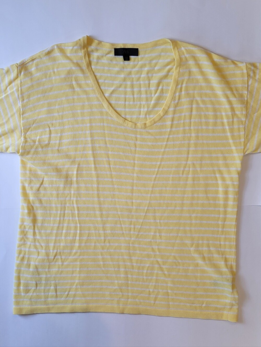Zara Yellow White Striped Linen Blend Knit Scoop Neck Tee L - Picture 4 of 13